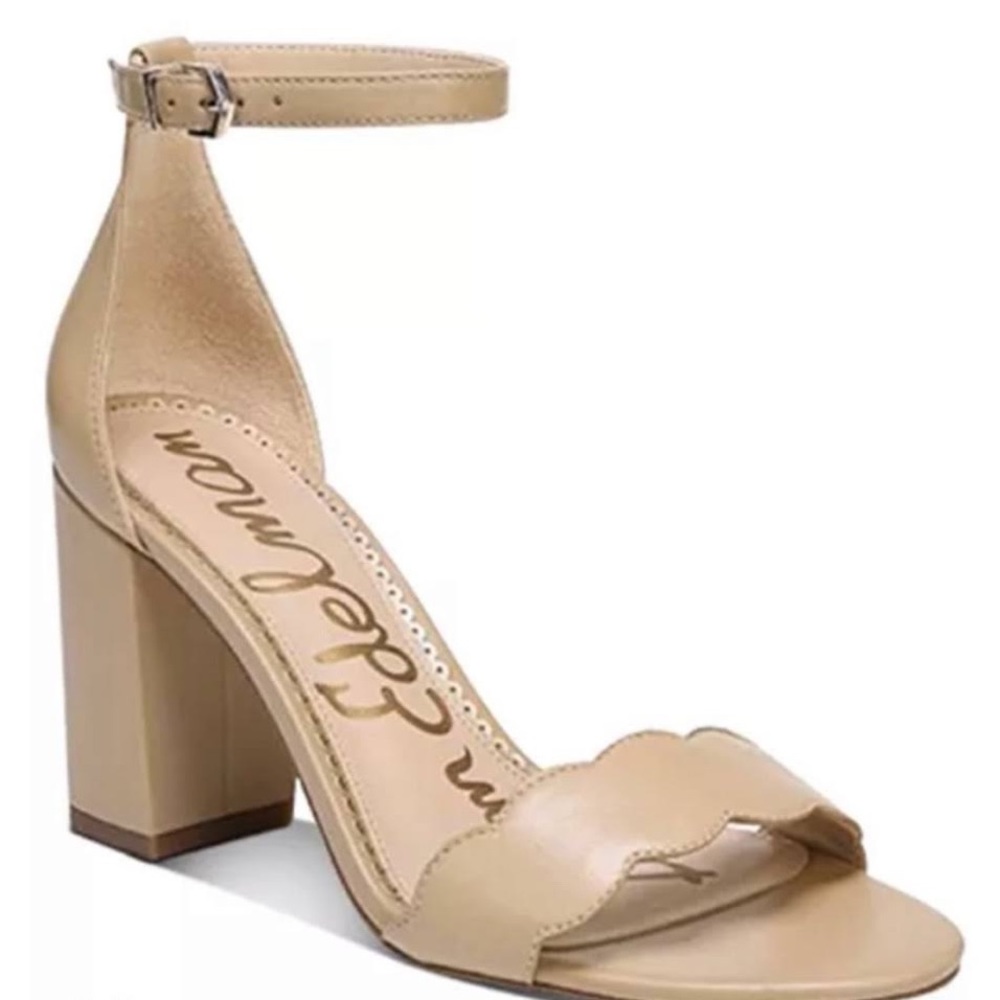 Odila Patent Leather, Scalloped in Soft Beige, Block Heel Sandals